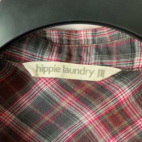 Hippie Laundry Sleeveless Plaid Button Up Shirt Boho Crochet Lace Ruffle Size L - Picture 9 of 15